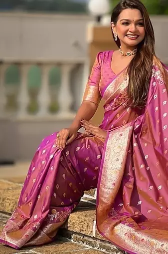 Onionpink soft banarasi silk blend saree with meenakari zari weaving
