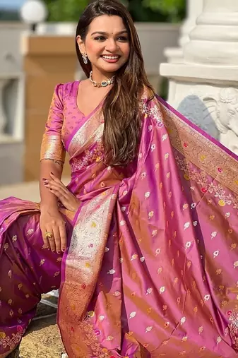 Onionpink soft banarasi silk blend saree with meenakari zari weaving