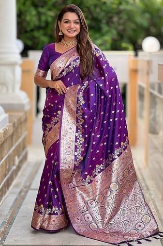 Purple soft banarasi silk blend saree with meenakari zari weaving