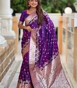 Purple soft banarasi silk blend saree with meenakari zari weaving