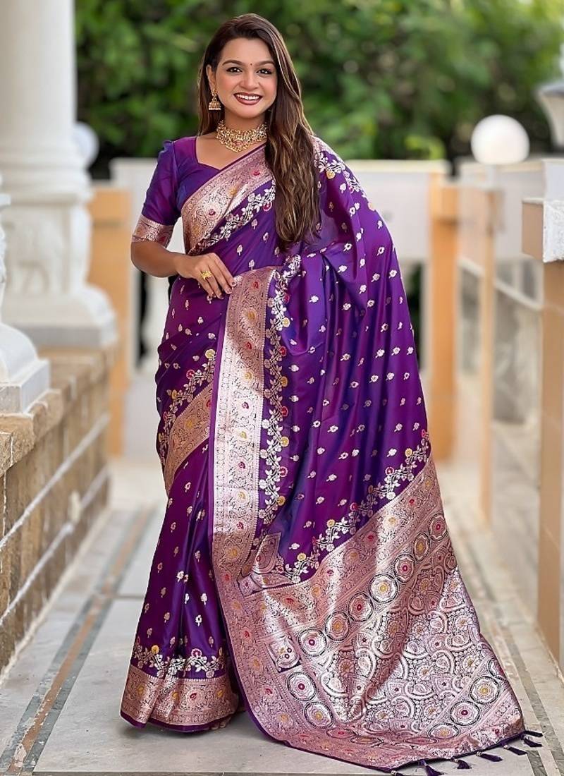 Purple soft banarasi silk blend saree with meenakari zari weaving