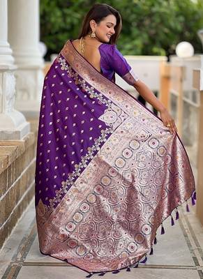 Purple soft banarasi silk blend saree with meenakari zari weaving 2