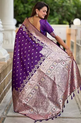 Purple soft banarasi silk blend saree with meenakari zari weaving