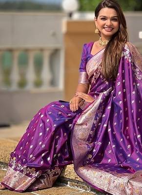 Purple soft banarasi silk blend saree with meenakari zari weaving 4