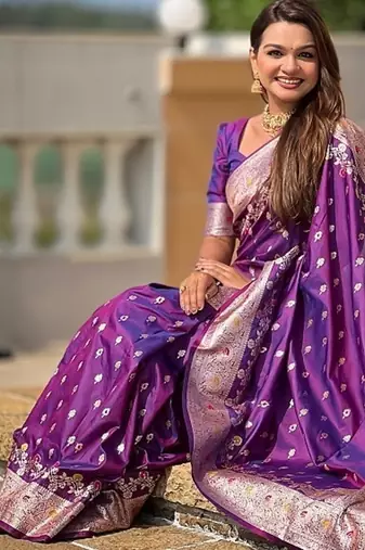 Purple soft banarasi silk blend saree with meenakari zari weaving