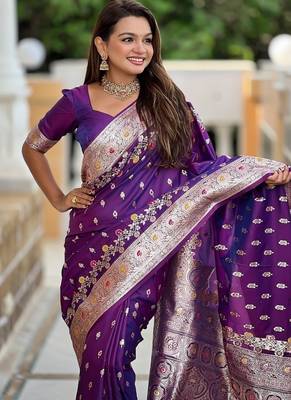 Purple soft banarasi silk blend saree with meenakari zari weaving 5