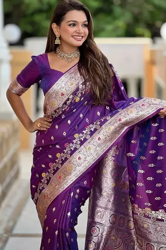 Purple soft banarasi silk blend saree with meenakari zari weaving