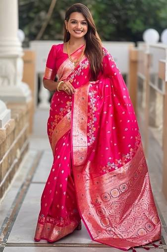 Ranipink soft banarasi silk blend saree with meenakari zari weaving