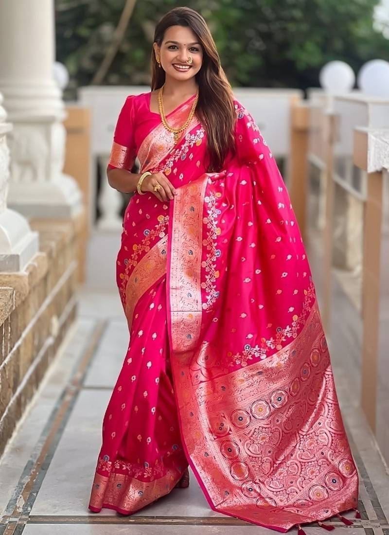 Ranipink soft banarasi silk blend saree with meenakari zari weaving