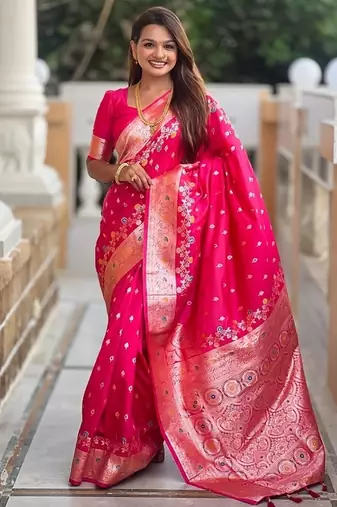 Ranipink soft banarasi silk blend saree with meenakari zari weaving