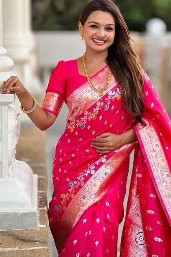 Ranipink soft banarasi silk blend saree with meenakari zari weaving