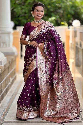 Wine soft banarasi silk blend saree with meenakari zari weaving