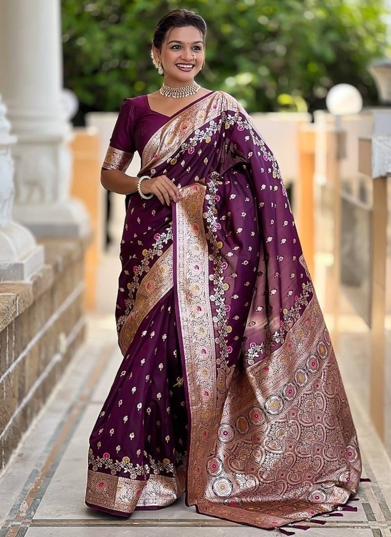 Wine soft banarasi silk blend saree with meenakari zari weaving