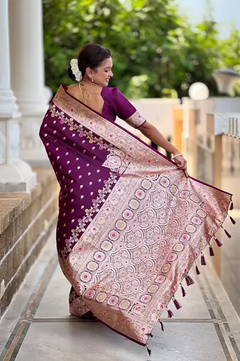 Wine soft banarasi silk blend saree with meenakari zari weaving