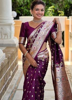 Wine soft banarasi silk blend saree with meenakari zari weaving 3