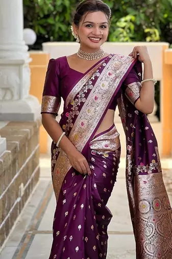 Wine soft banarasi silk blend saree with meenakari zari weaving