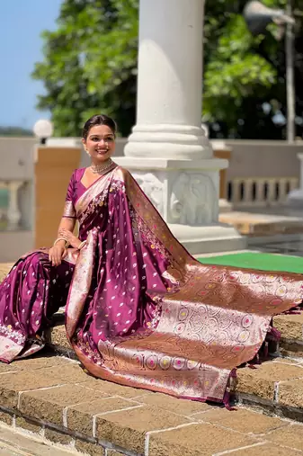 Wine soft banarasi silk blend saree with meenakari zari weaving