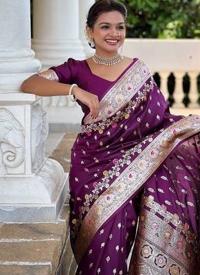 Wine soft banarasi silk blend saree with meenakari zari weaving 5