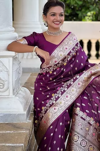 Wine soft banarasi silk blend saree with meenakari zari weaving