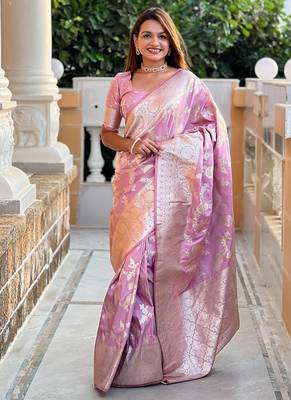 Pink soft banarasi silk blend saree with meenakari zari weaving 1