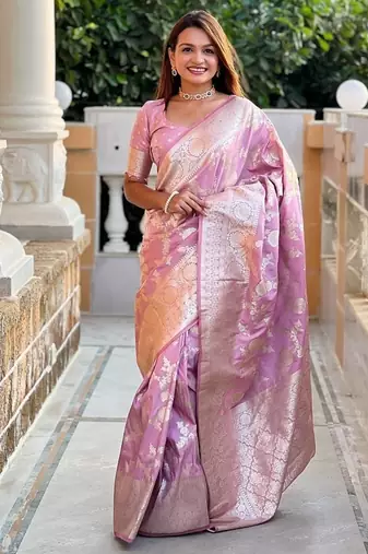 Pink soft banarasi silk blend saree with meenakari zari weaving