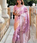 Pink soft banarasi silk blend saree with meenakari zari weaving