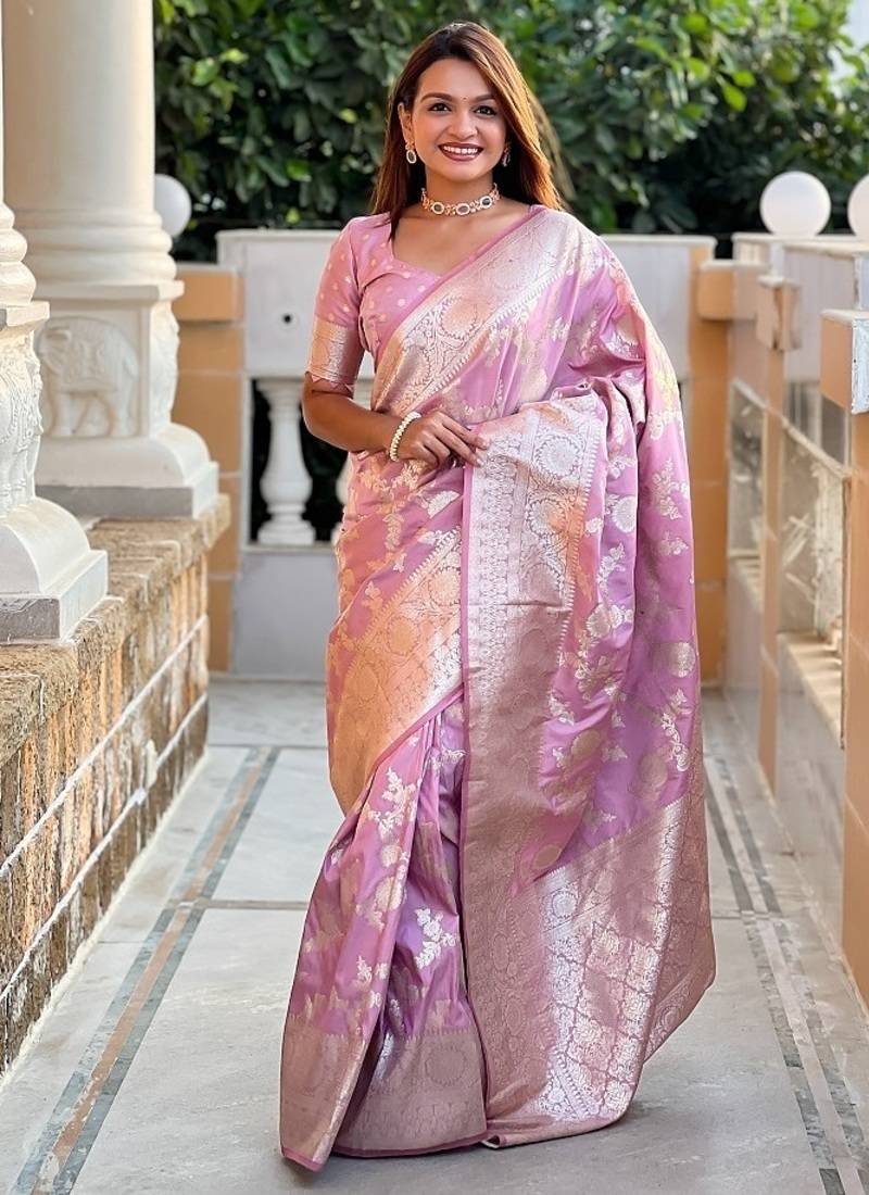 Pink soft banarasi silk blend saree with meenakari zari weaving