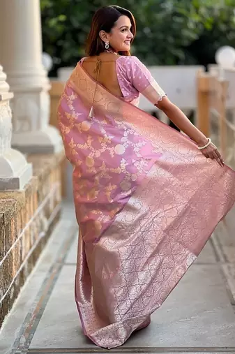 Pink soft banarasi silk blend saree with meenakari zari weaving