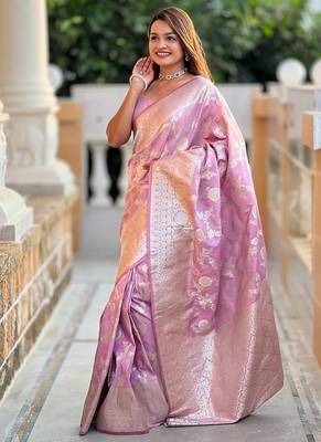 Pink soft banarasi silk blend saree with meenakari zari weaving 3