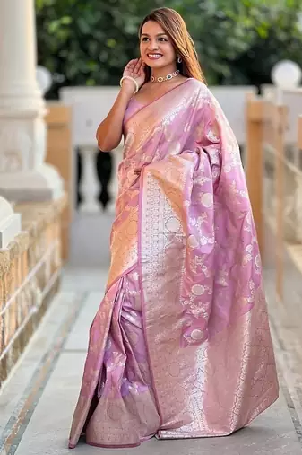 Pink soft banarasi silk blend saree with meenakari zari weaving
