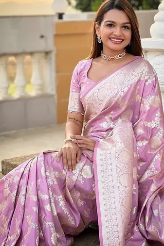 Pink soft banarasi silk blend saree with meenakari zari weaving