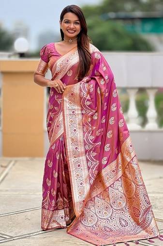 Onionpink soft banarasi silk blend saree with meenakari zari weaving