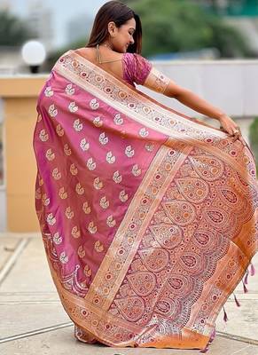Onionpink soft banarasi silk blend saree with meenakari zari weaving 2