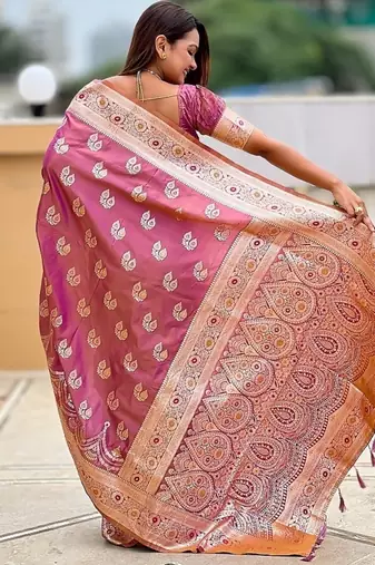 Onionpink soft banarasi silk blend saree with meenakari zari weaving