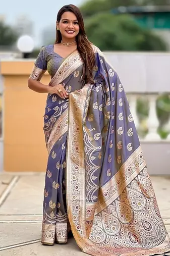 Grey soft banarasi silk blend saree with meenakari zari weaving