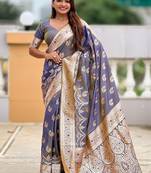 Grey soft banarasi silk blend saree with meenakari zari weaving