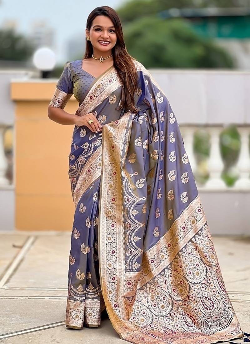 Grey soft banarasi silk blend saree with meenakari zari weaving