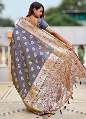 Grey soft banarasi silk blend saree with meenakari zari weaving 2