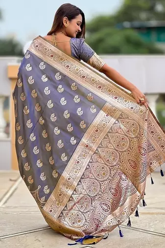Grey soft banarasi silk blend saree with meenakari zari weaving