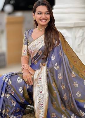 Grey soft banarasi silk blend saree with meenakari zari weaving 5