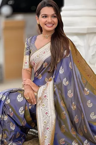 Grey soft banarasi silk blend saree with meenakari zari weaving