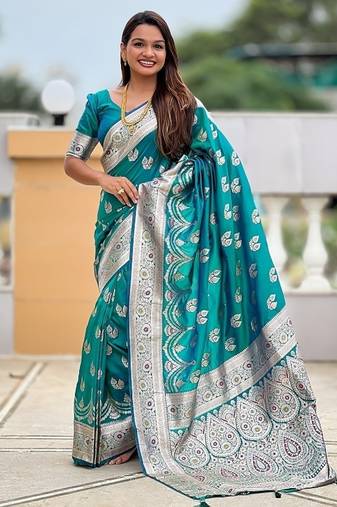 Firozi soft banarasi silk blend saree with meenakari zari weaving