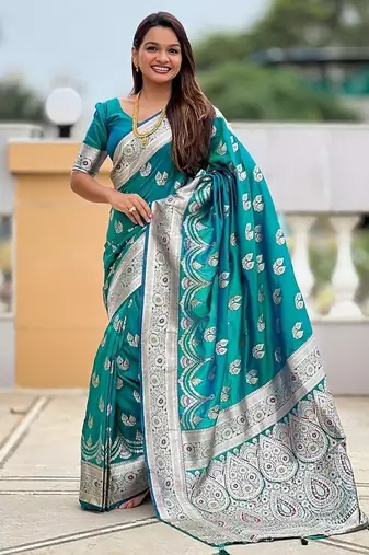 Firozi soft banarasi silk blend saree with meenakari zari weaving