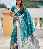 Firozi soft banarasi silk blend saree with meenakari zari weaving