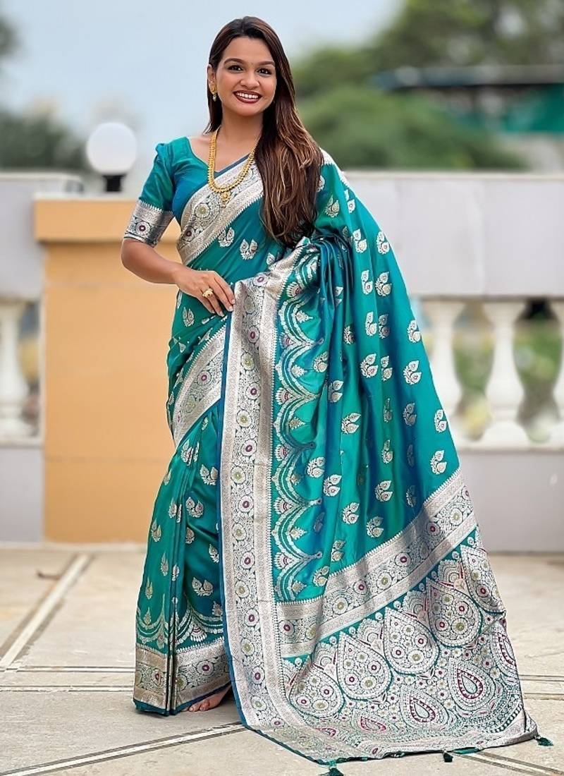 Firozi soft banarasi silk blend saree with meenakari zari weaving