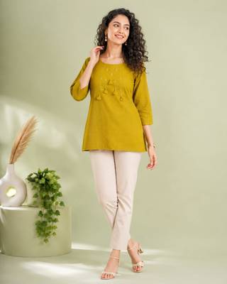 Mustard yellow cotton short kurti for women with tassel detail 1