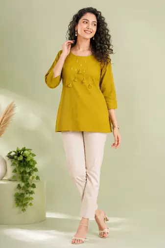 Mustard yellow cotton short kurti for women with tassel detail
