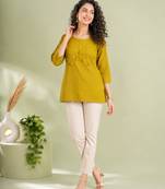 Mustard yellow cotton short kurti for women with tassel detail