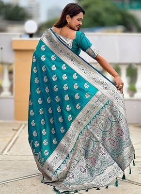 Firozi soft banarasi silk blend saree with meenakari zari weaving 2