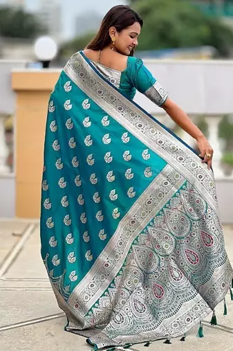 Firozi soft banarasi silk blend saree with meenakari zari weaving